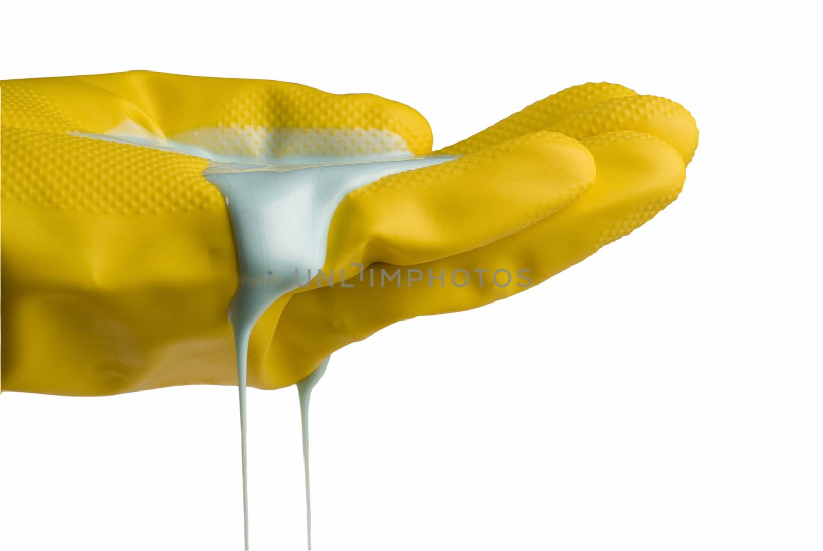 Yellow gloves with liquid cleaning soap by alistaircotton
