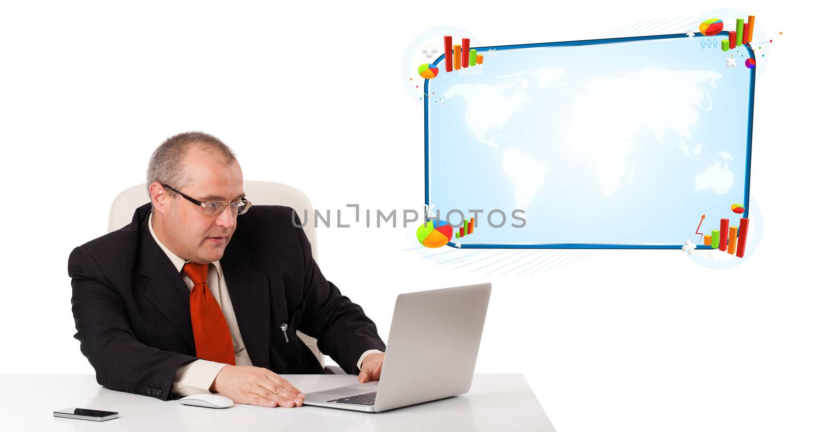 businessman sitting at desk and looking the laptop with copy space, isolated on white