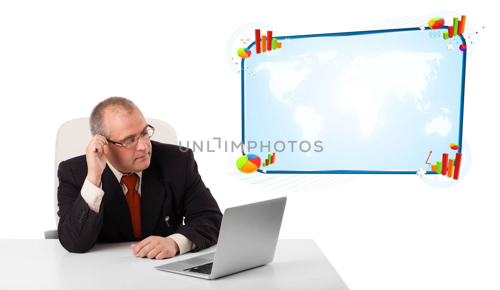 businessman sitting at desk and looking the laptop with copy space, isolated on white