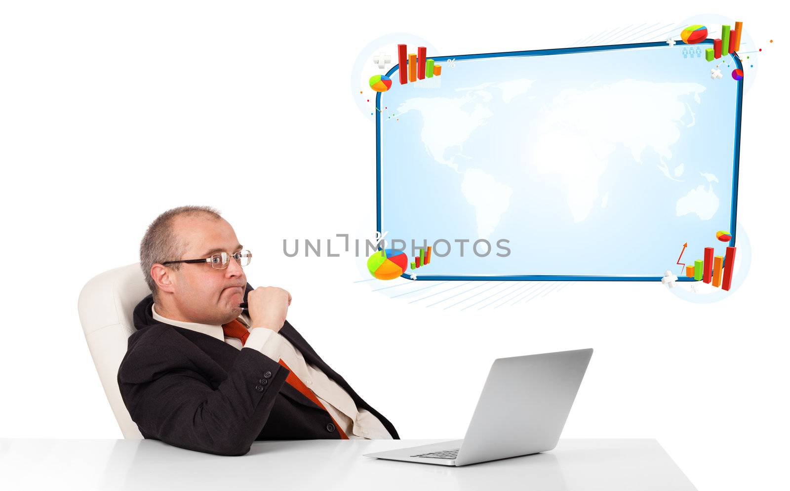 businessman sitting at desk and looking the laptop with copy space, isolated on white