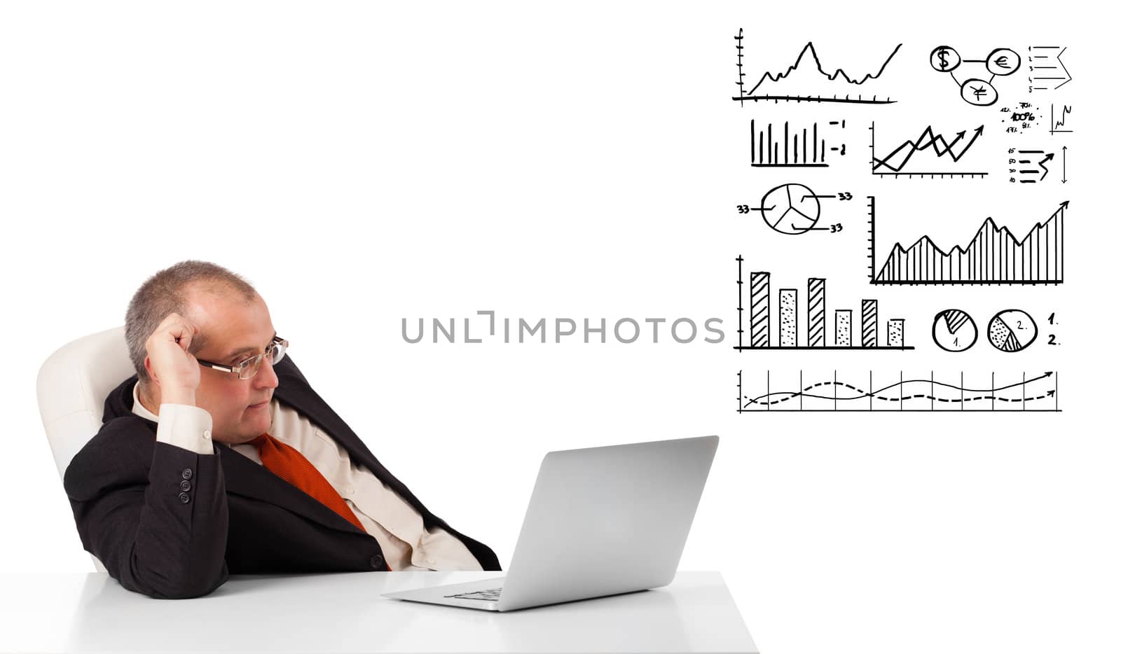 businessman sitting at desk with graphs and laptop, isolated on white