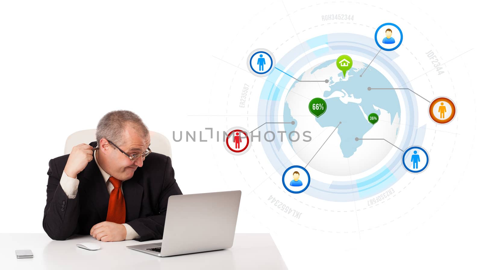 businessman sitting at desk and looking laptop with globe and social icons, isolated on white