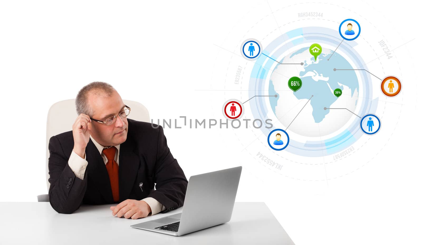 businessman sitting at desk and looking laptop with globe and social icons, isolated on white