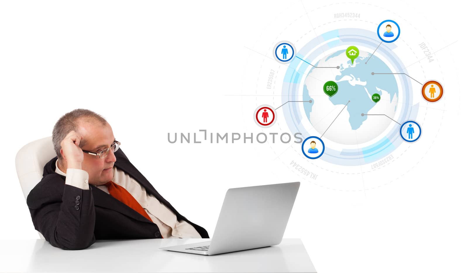 businessman sitting at desk and looking laptop with globe and social icons, isolated on white