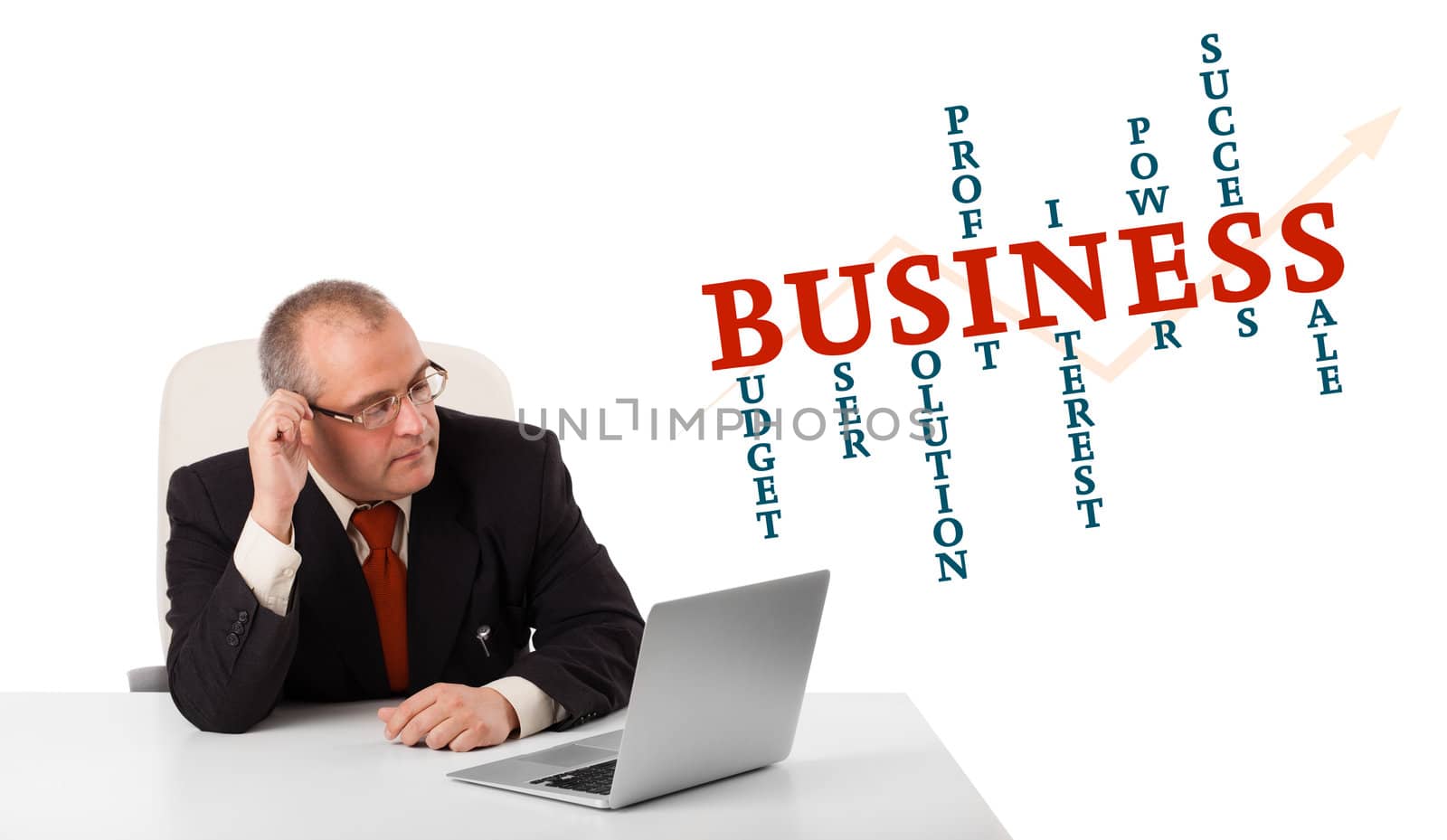 bisinessman sitting at desk and looking laptop with business word cloud, isolated on white