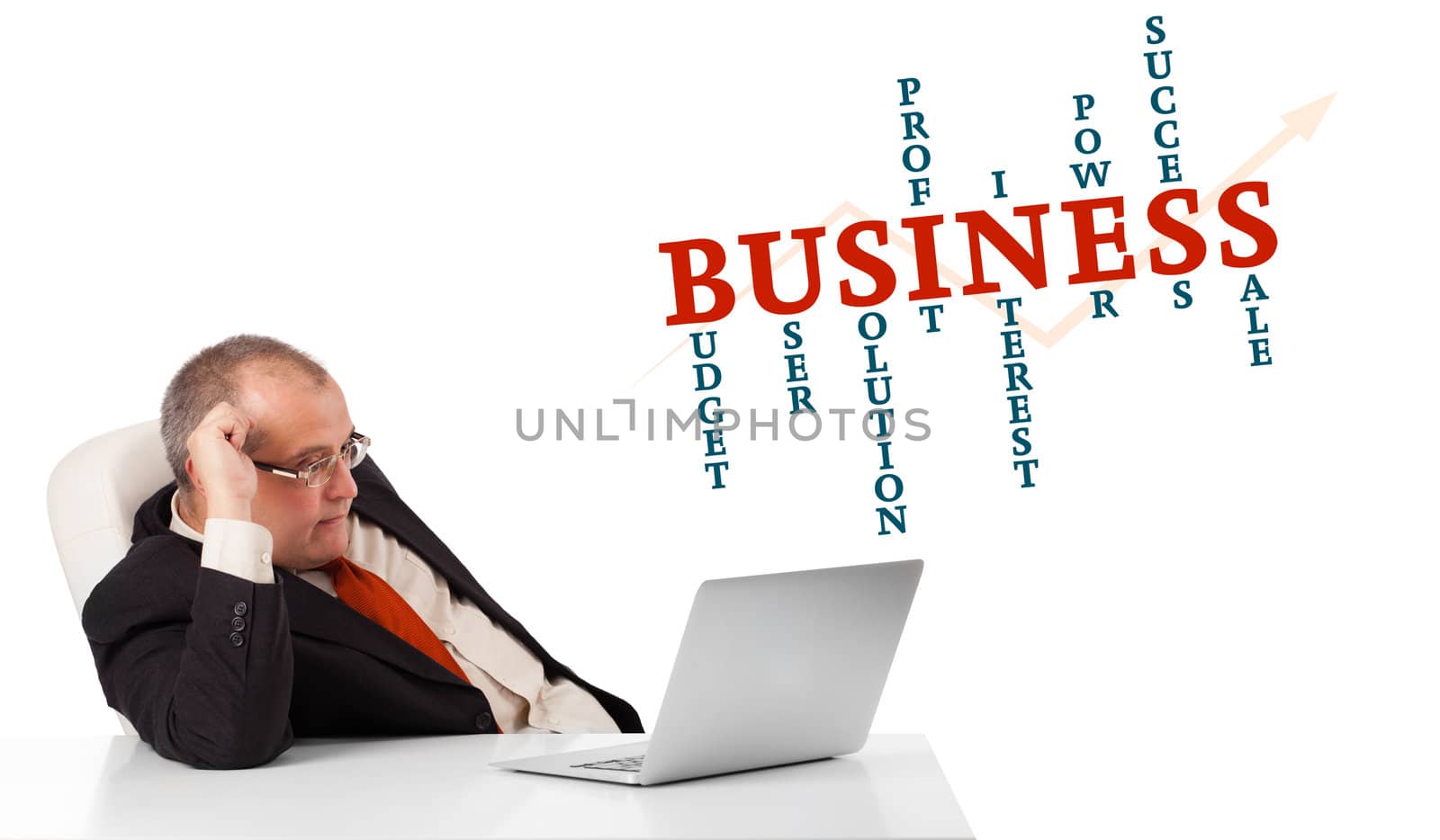 bisinessman sitting at desk and looking laptop with business word cloud, isolated on white