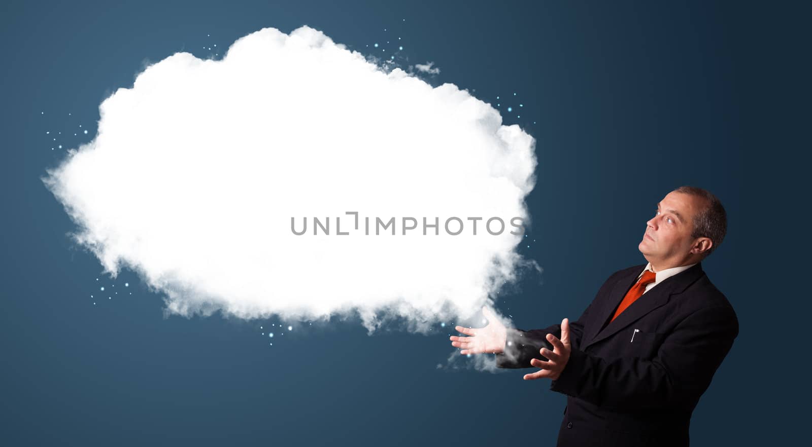 businessman in suit presenting abstract cloud copy space