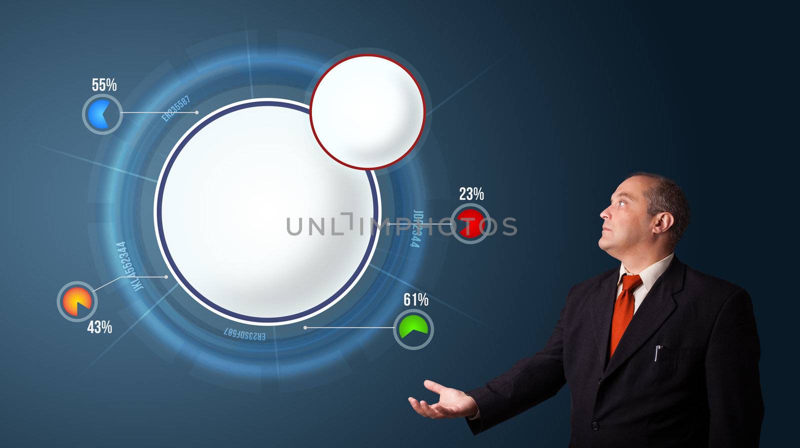 businessman in suit presenting abstract modern pie chart with copy space
