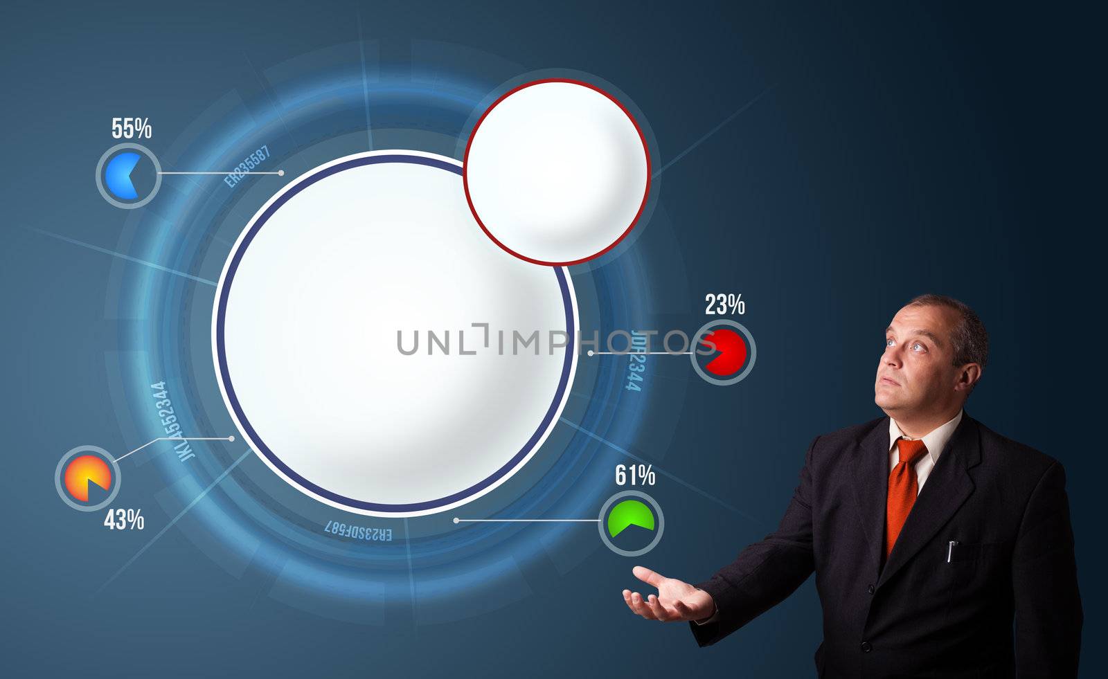 businessman in suit presenting abstract modern pie chart with copy space