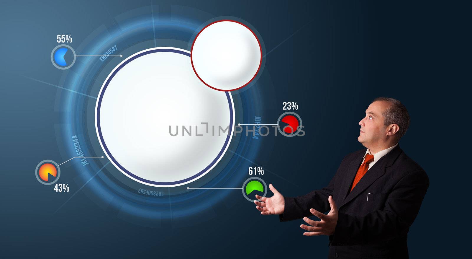 businessman in suit presenting abstract modern pie chart with copy space