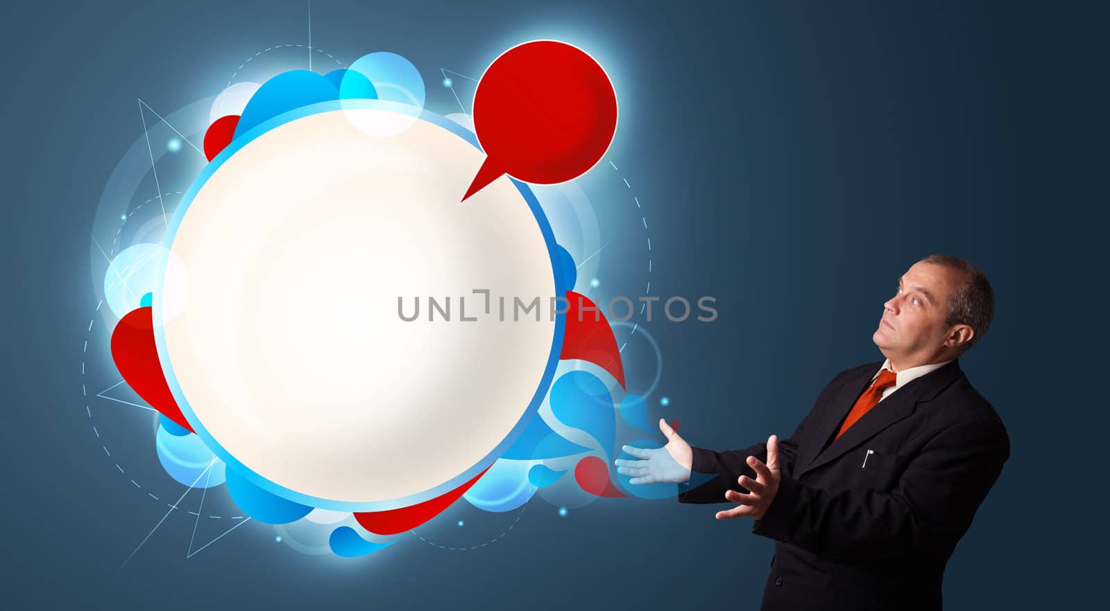 businessman in suit presenting abstract modern copy space