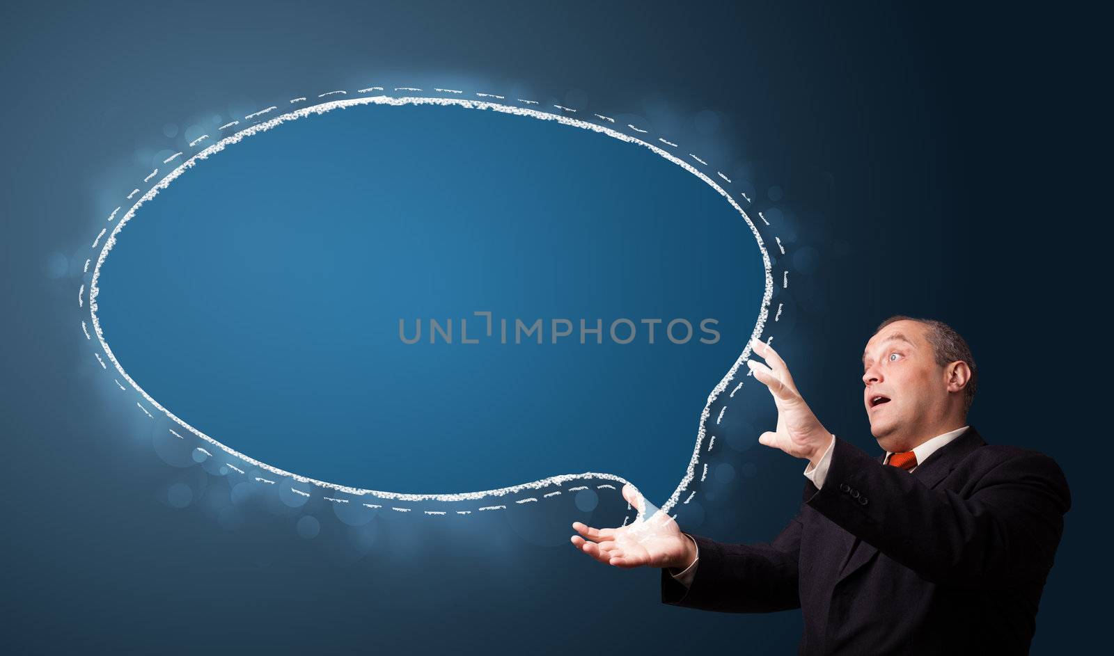 funny businessman in suit presenting speech bubble copy space