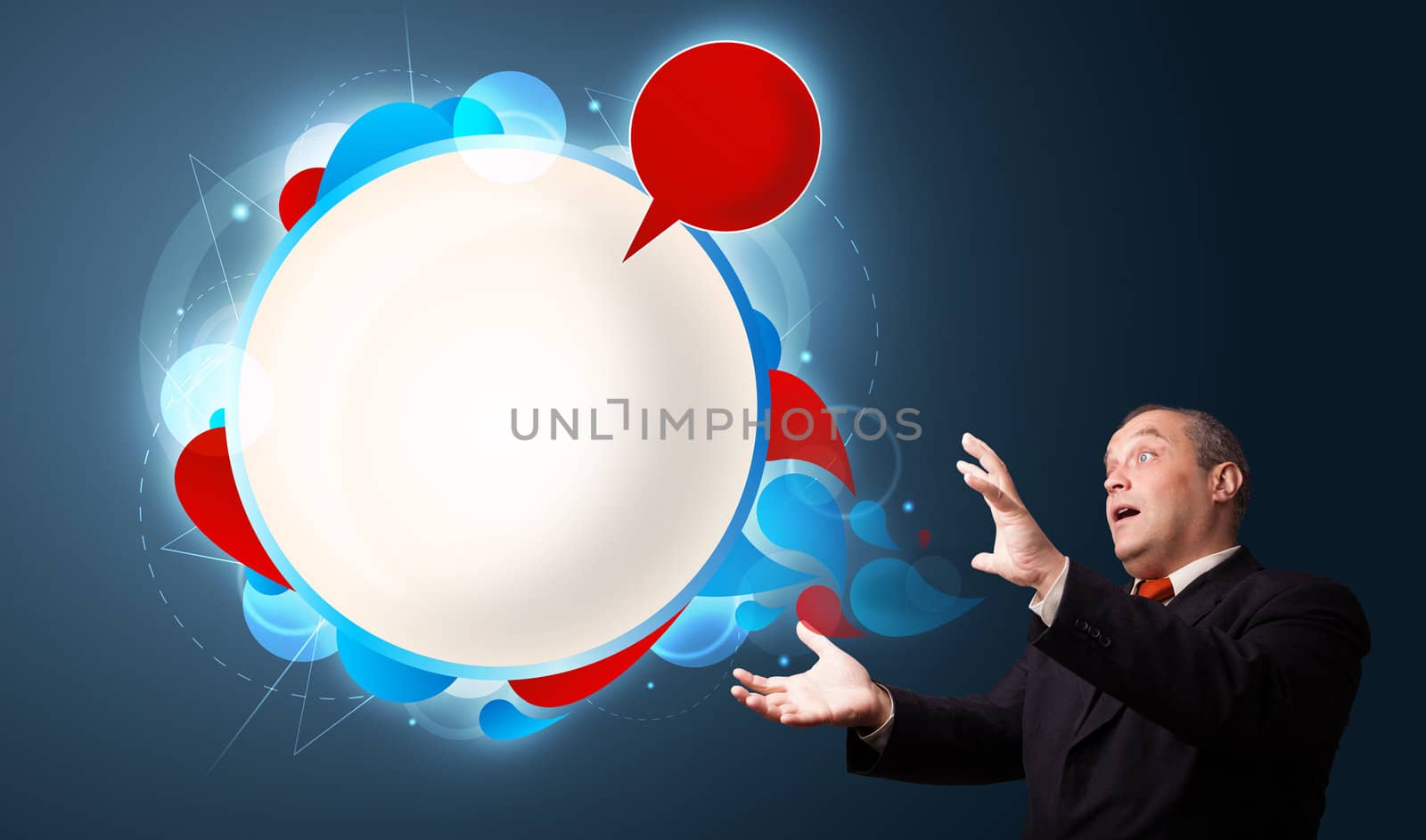 funny businessman in suit presenting abstract modern speech bubble copy space