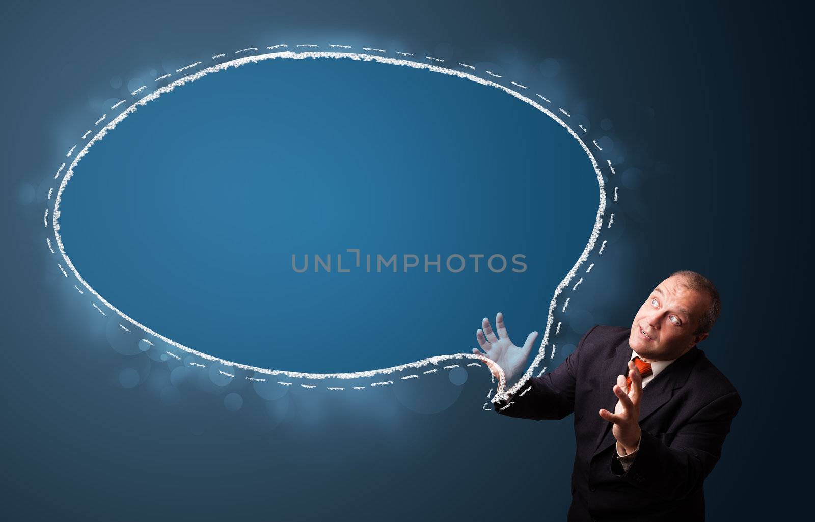 funny businessman in suit presenting speech bubble copy space