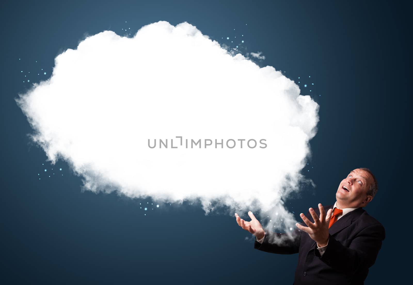 Crazy businessman in suit presenting abstract cloud copy space