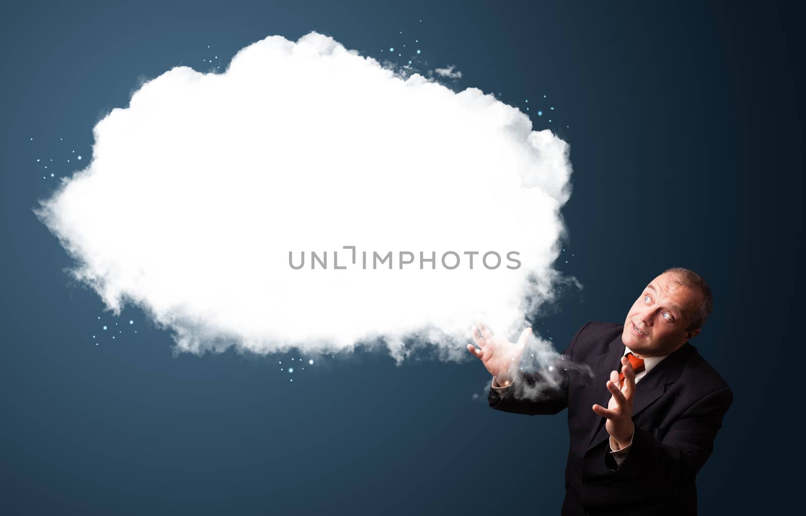 Crazy businessman in suit presenting abstract cloud copy space