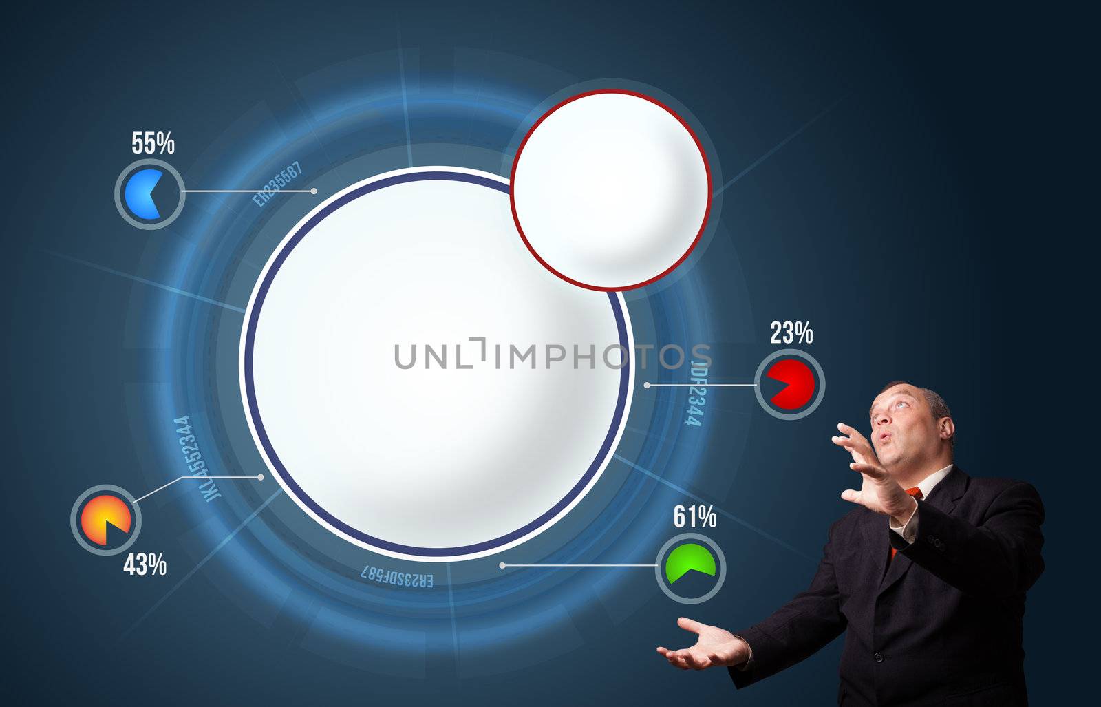 funny businessman in suit presenting abstract modern pie chart with copy space