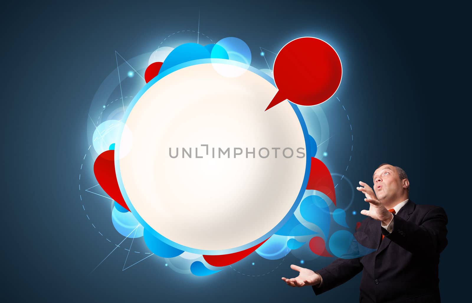 funny businessman in suit presenting abstract modern speech bubble copy space