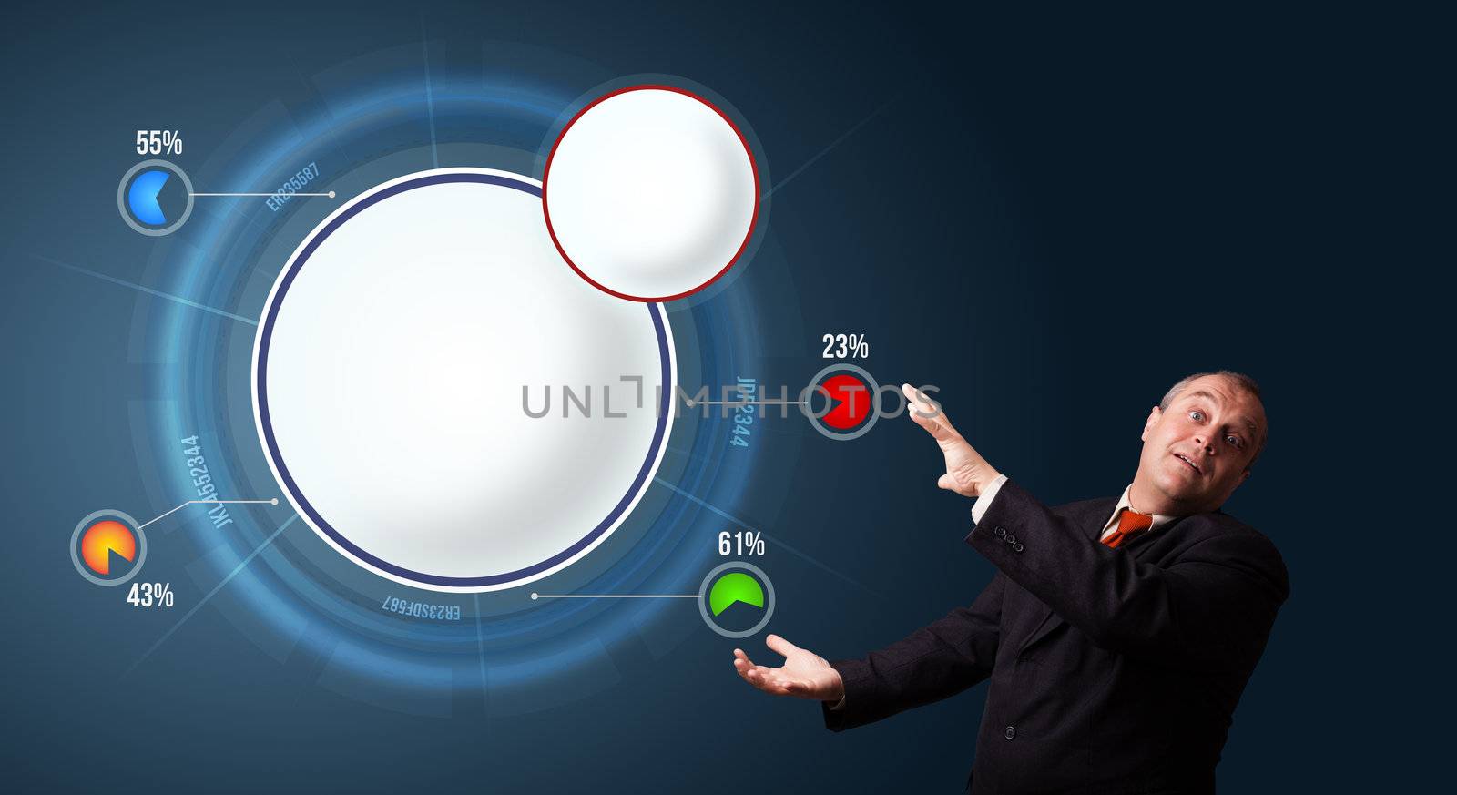 funny businessman in suit presenting abstract modern pie chart with copy space