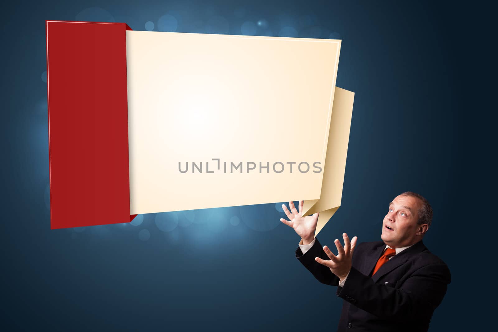 funny businessman in suit presenting modern origami copy space