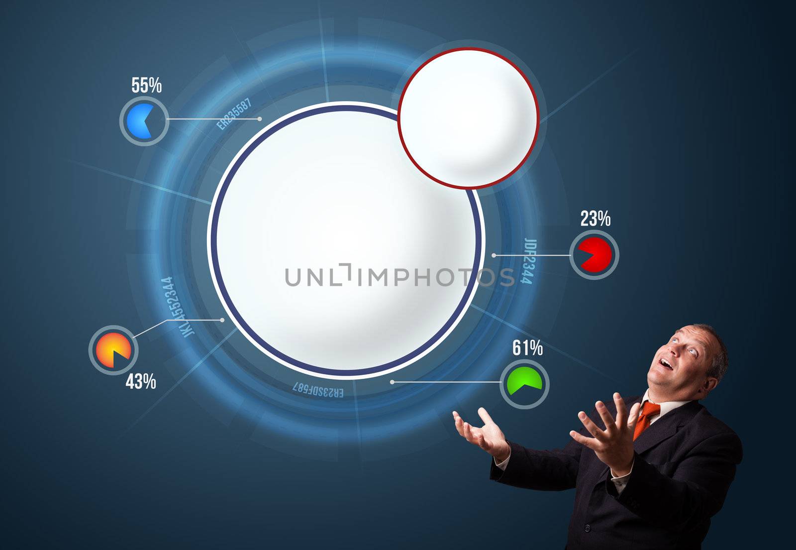 funny businessman in suit presenting abstract modern pie chart with copy space