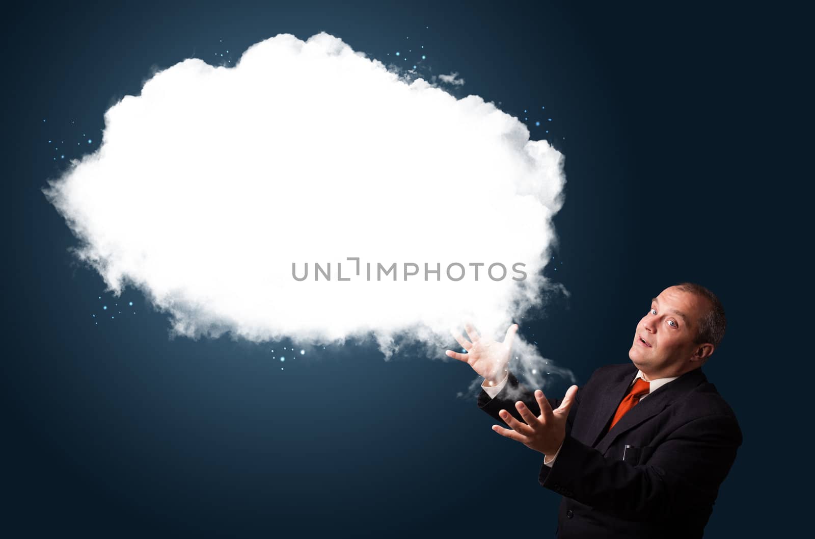 Crazy businessman in suit presenting abstract cloud copy space