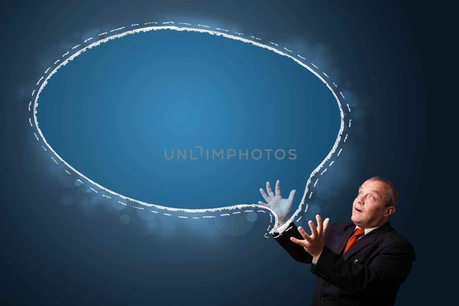 funny businessman in suit presenting speech bubble copy space