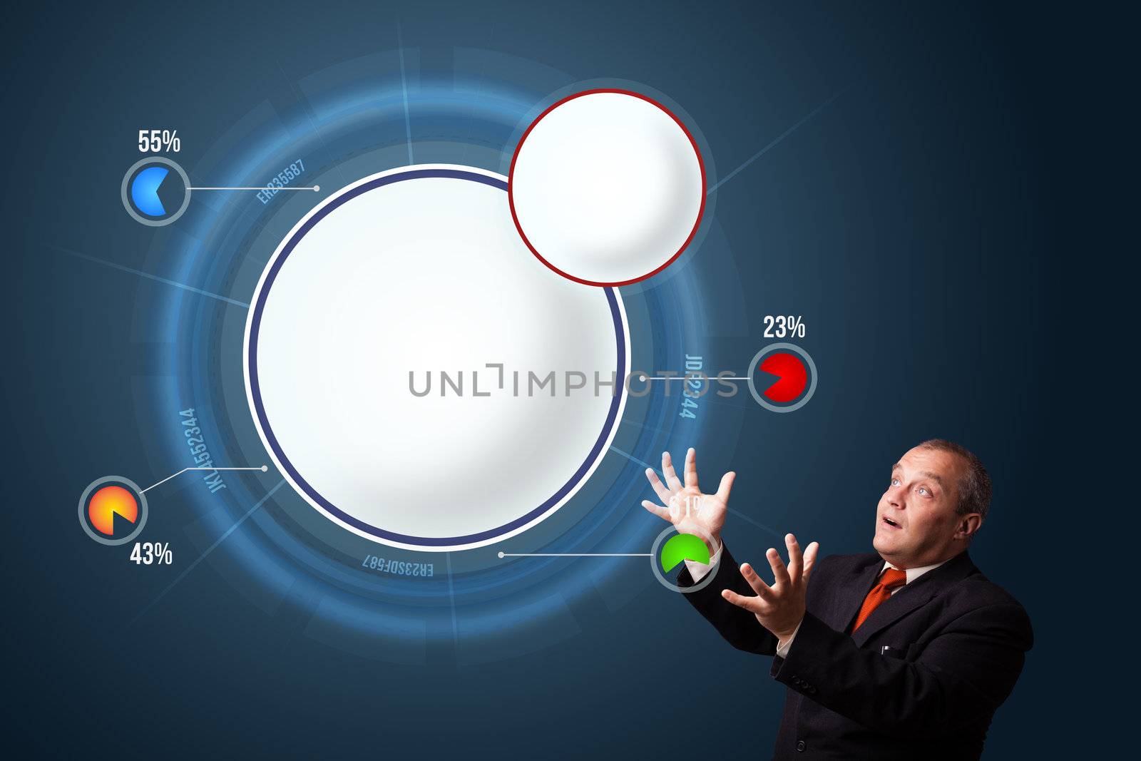 funny businessman in suit presenting abstract modern pie chart with copy space