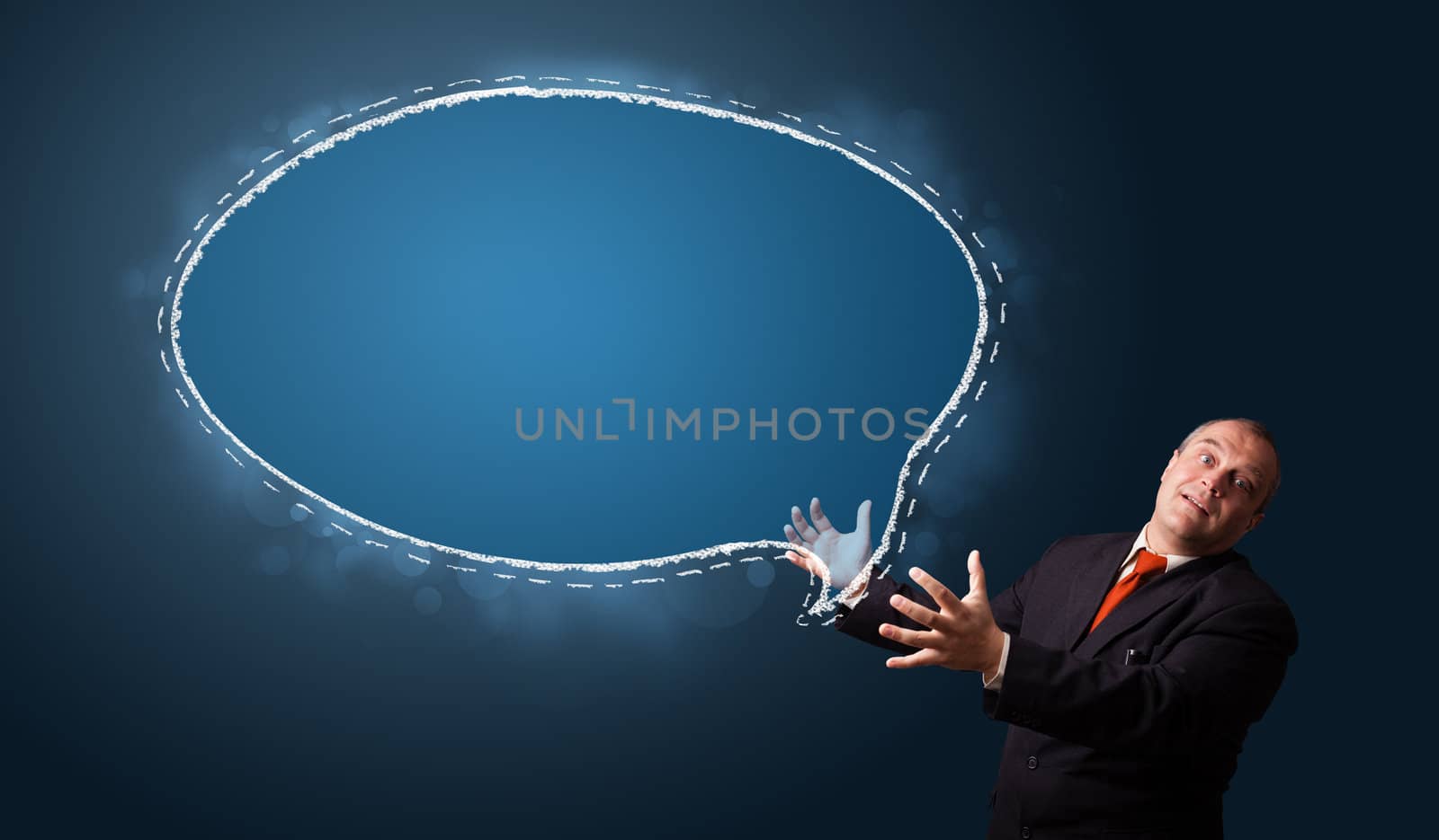 funny businessman in suit presenting speech bubble copy space