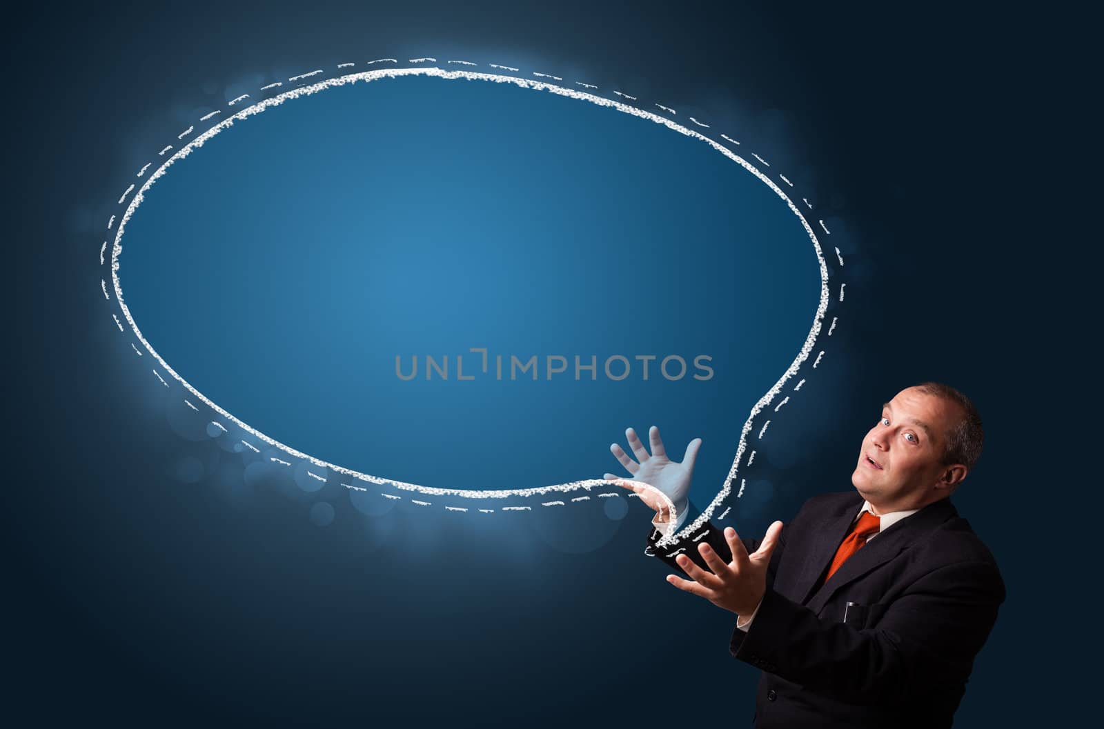 funny businessman in suit presenting speech bubble copy space