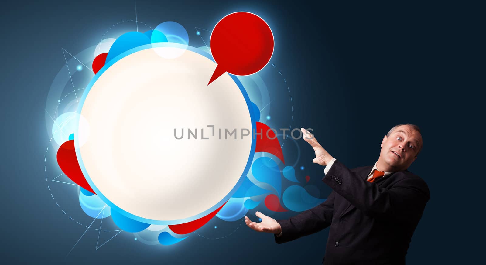 funny businessman in suit presenting abstract modern speech bubble copy space