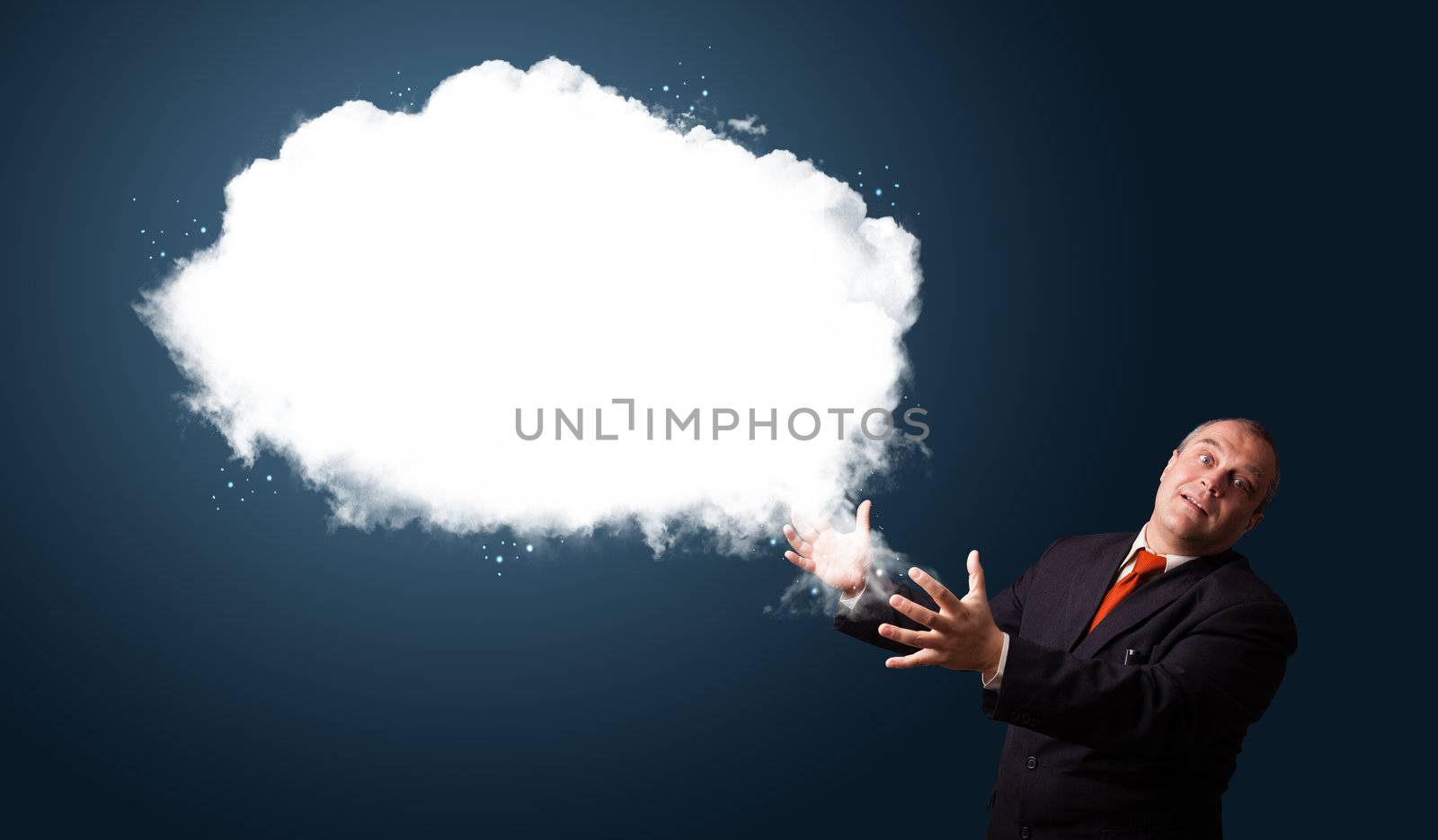 Crazy businessman in suit presenting abstract cloud copy space