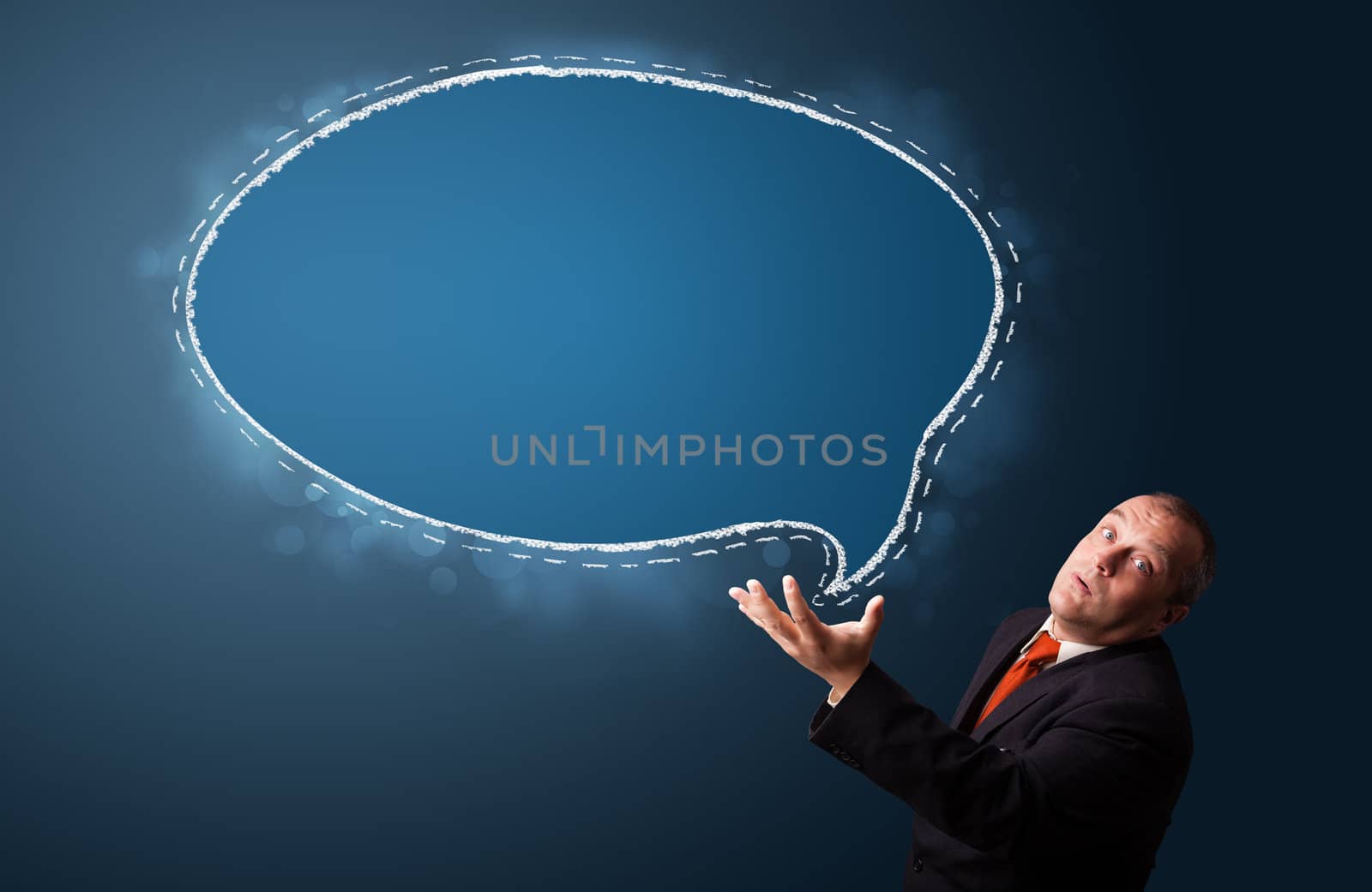 funny businessman in suit presenting speech bubble copy space