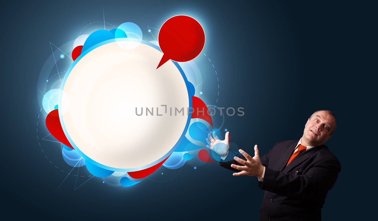 funny businessman in suit presenting abstract modern speech bubble copy space