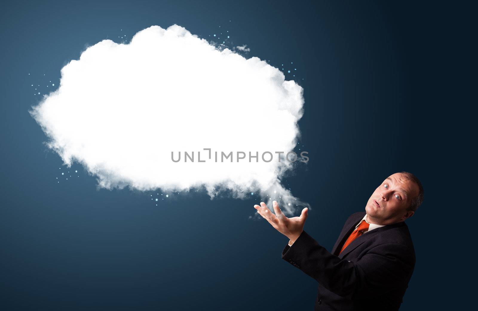 Crazy businessman in suit presenting abstract cloud copy space