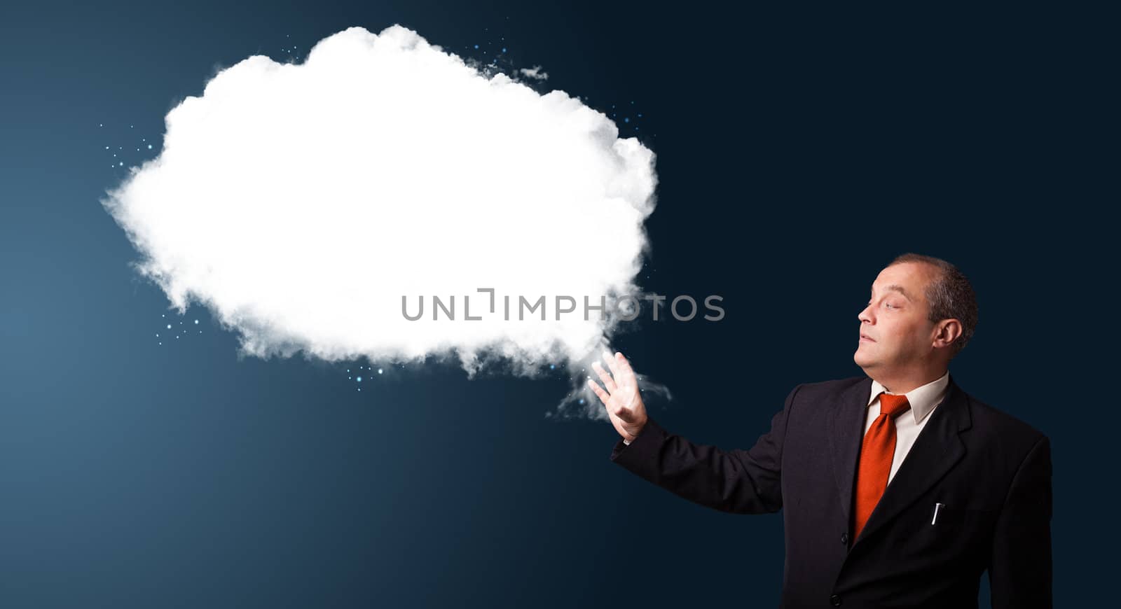 businessman in suit presenting abstract cloud copy space