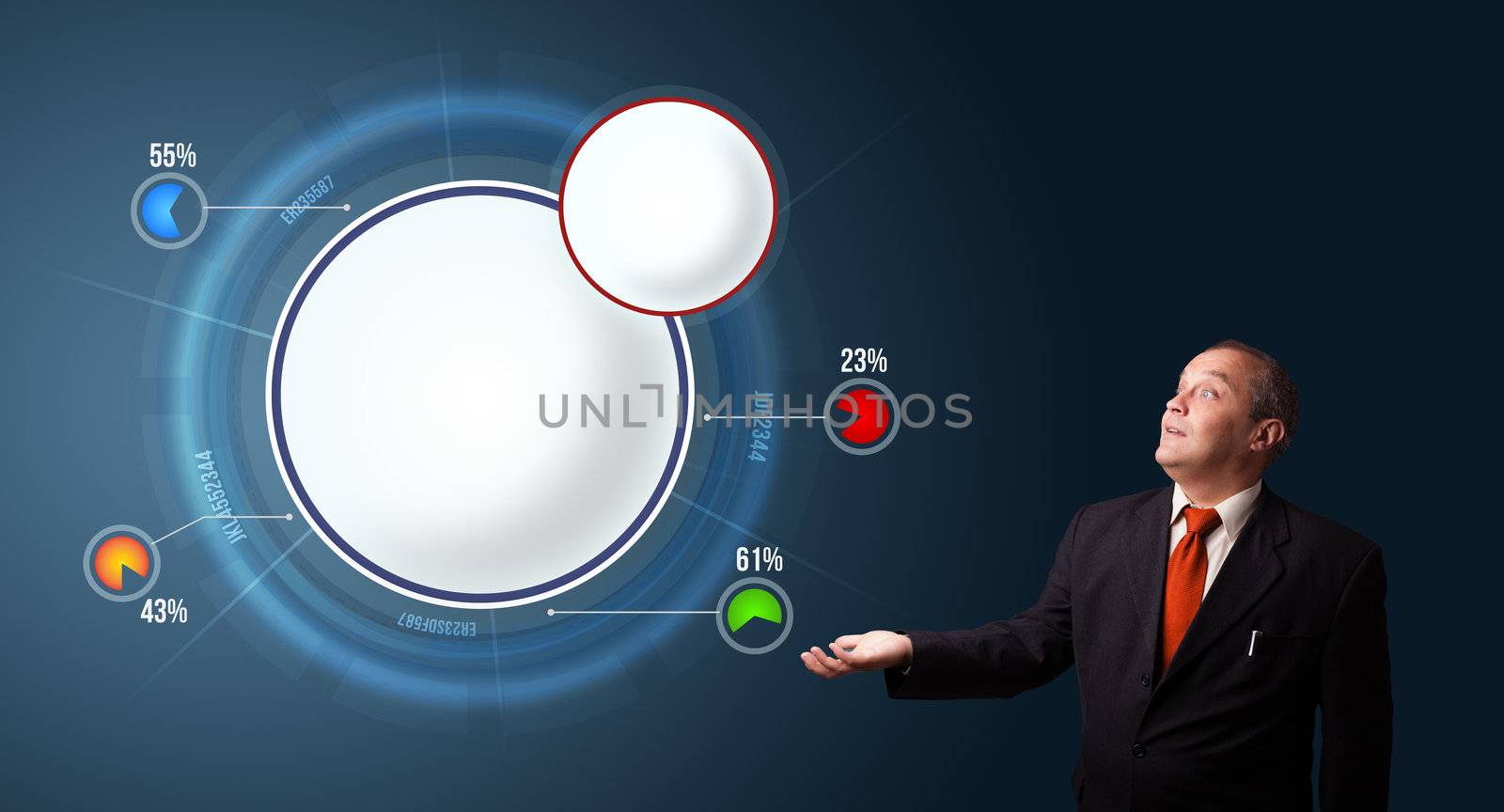 businessman in suit presenting abstract modern pie chart with copy space