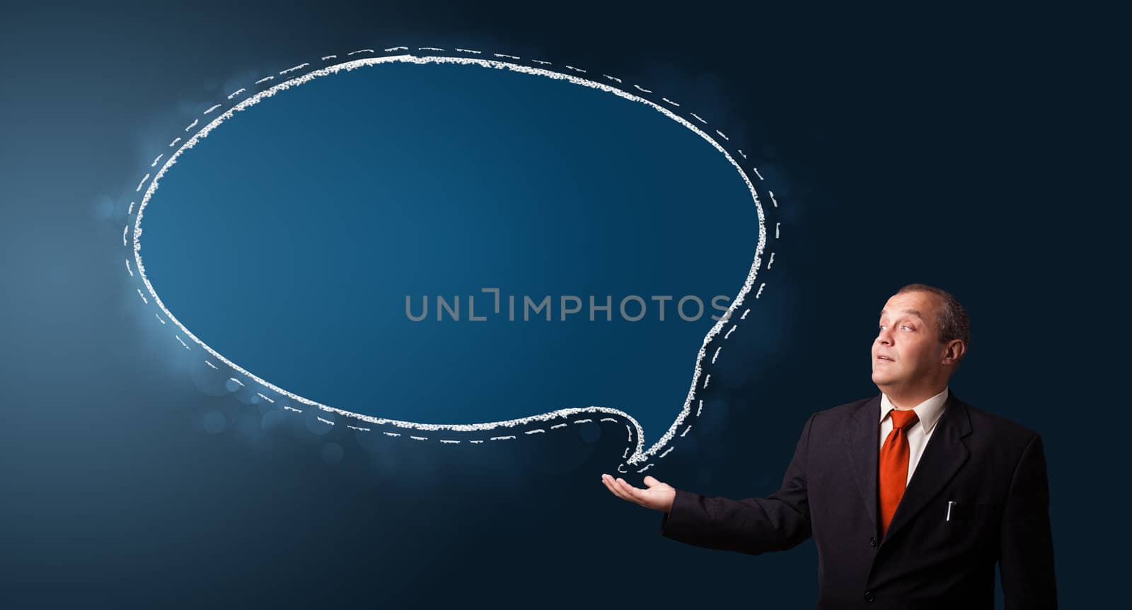 funny businessman in suit presenting speech bubble copy space