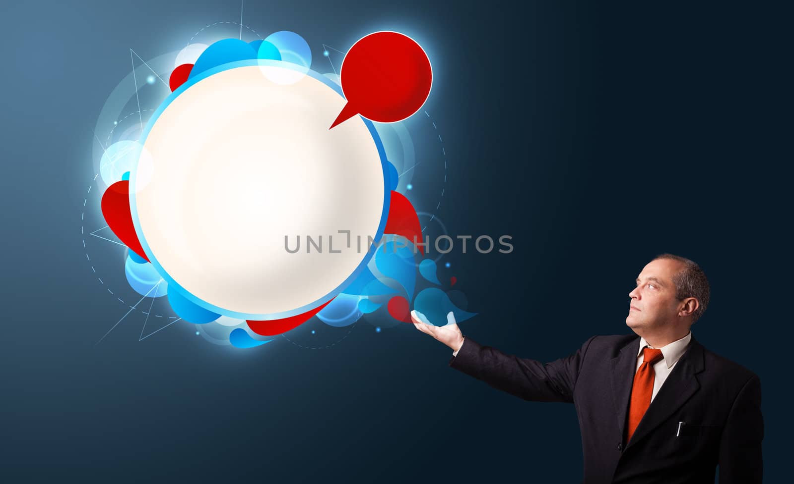 businessman in suit presenting abstract modern copy space