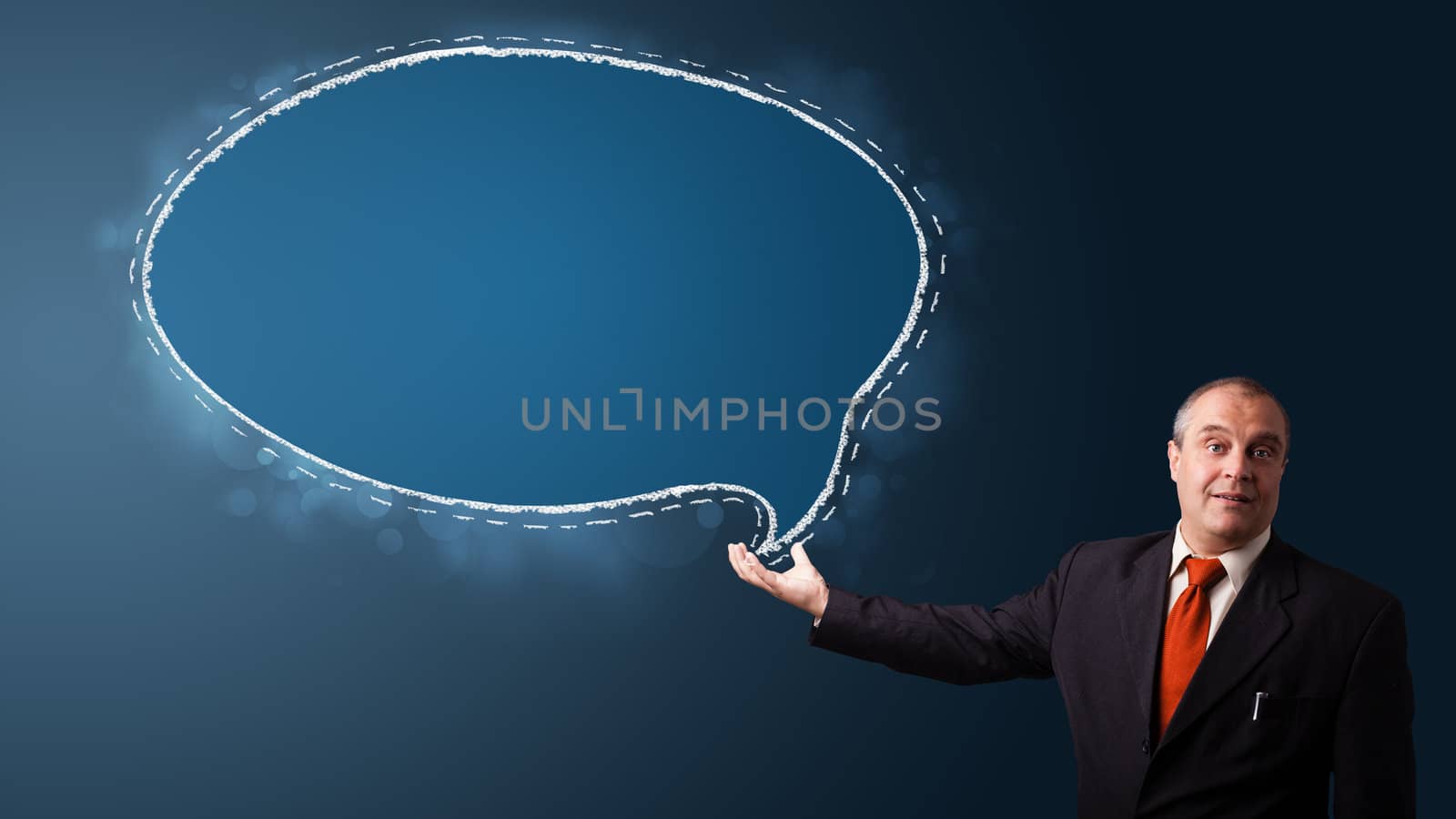 businessman in suit presenting speech bubble copy space