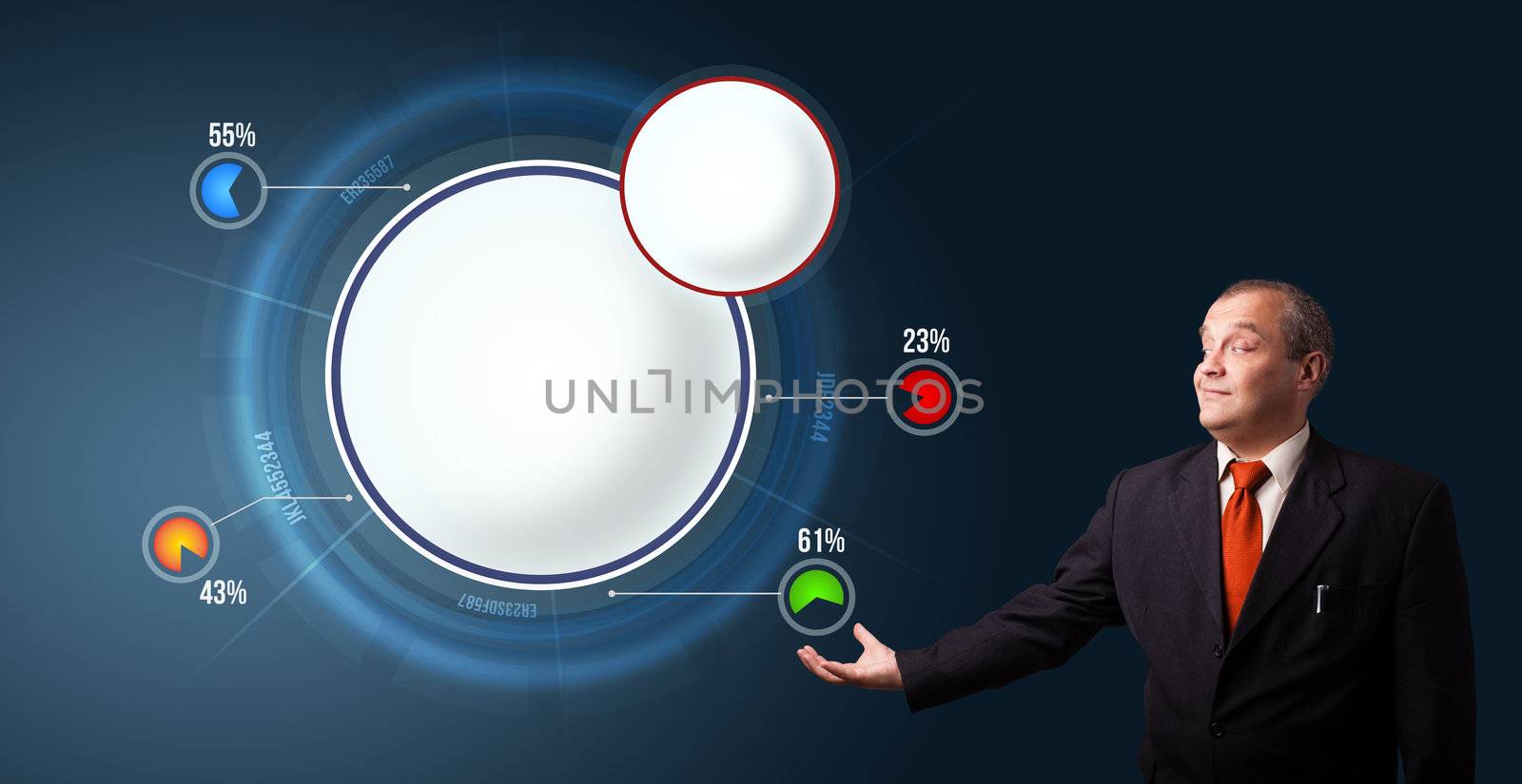 businessman in suit presenting abstract modern pie chart with copy space