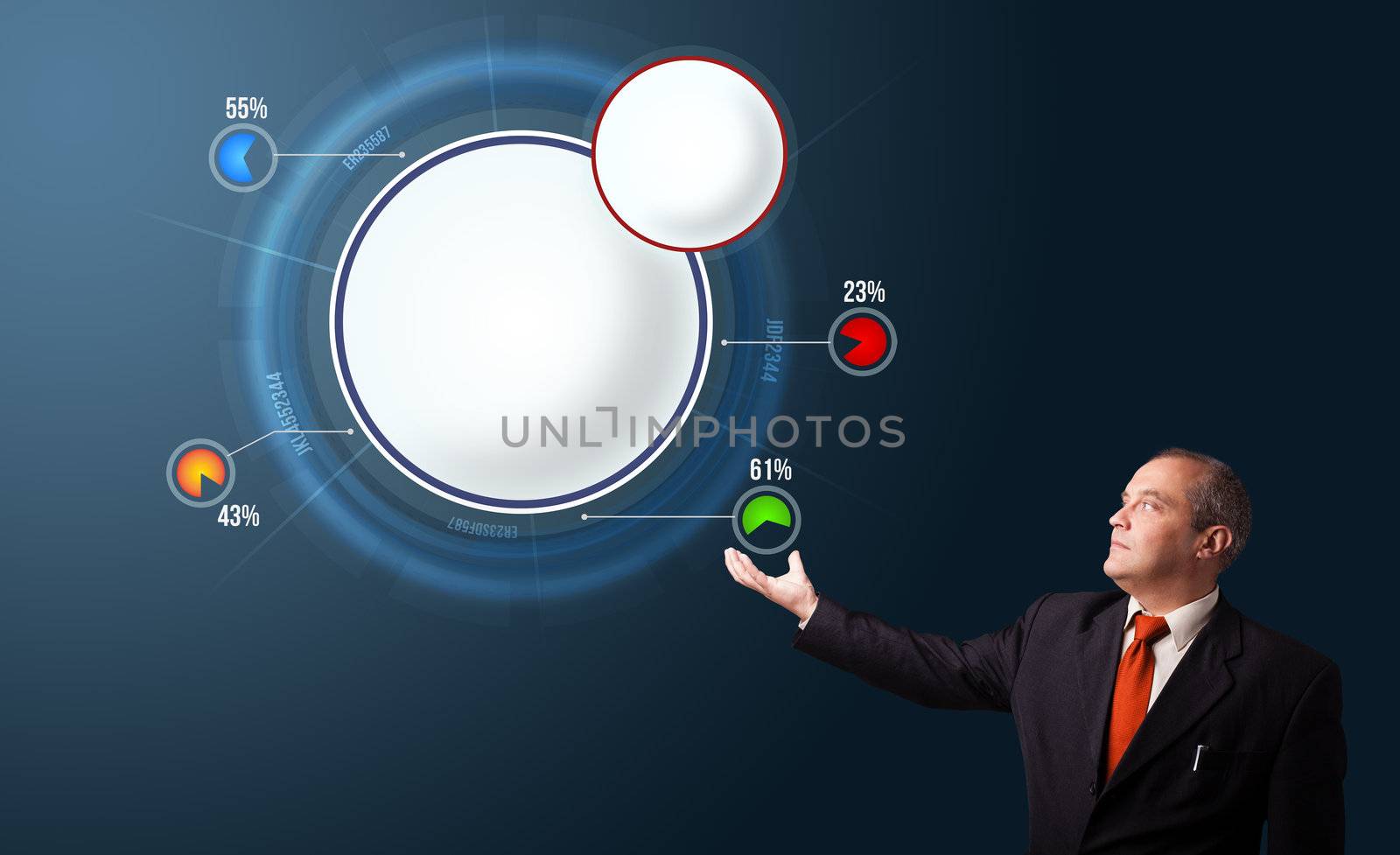 businessman presenting abstract modern pie chart with copy space by ra2studio