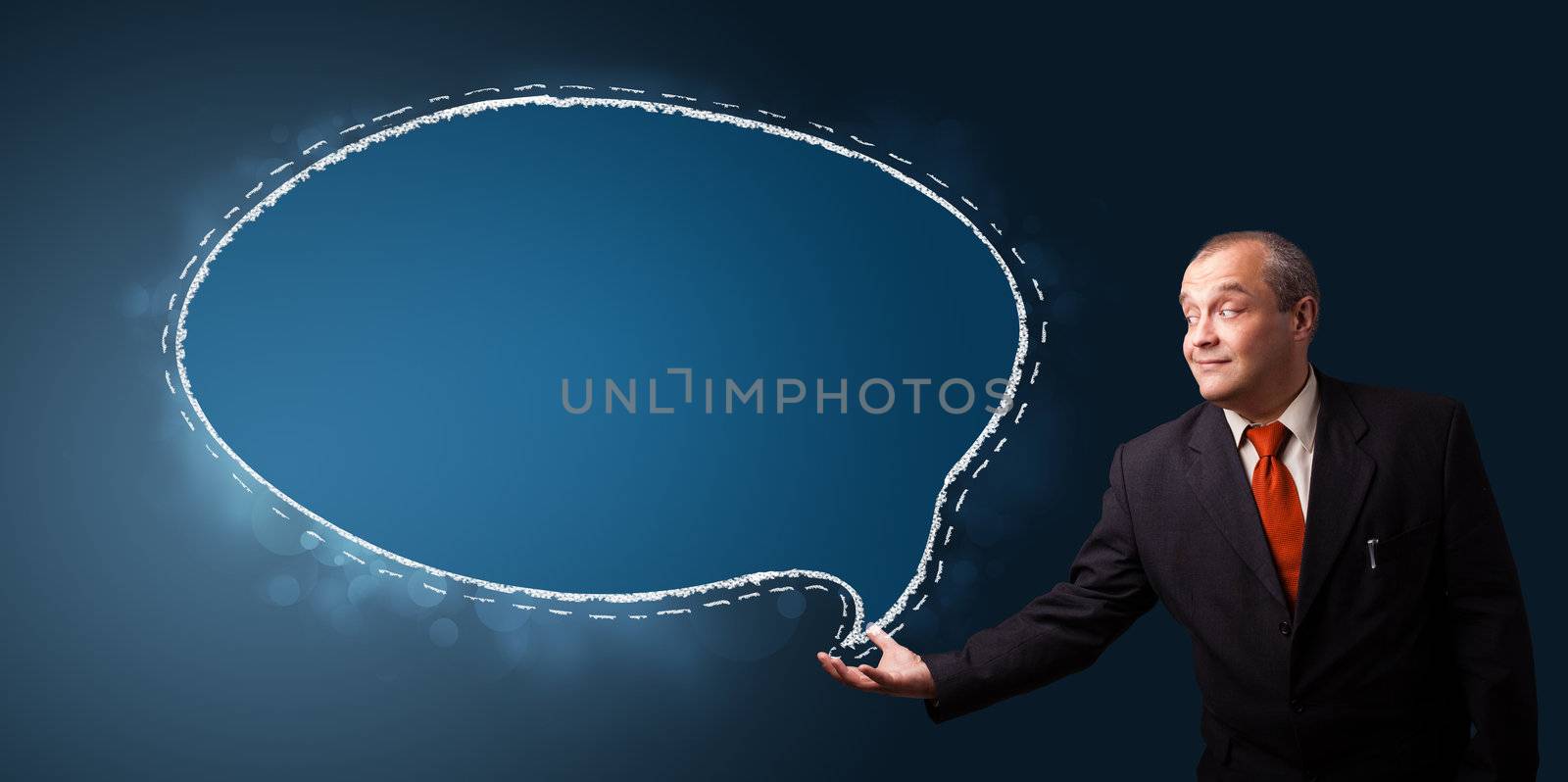 funny businessman in suit presenting speech bubble copy space