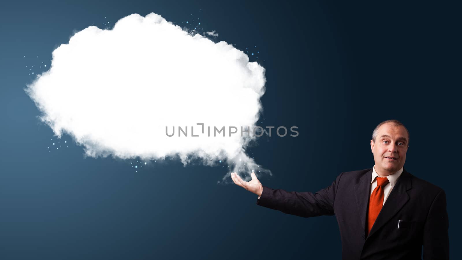 businessman in suit presenting abstract cloud copy space