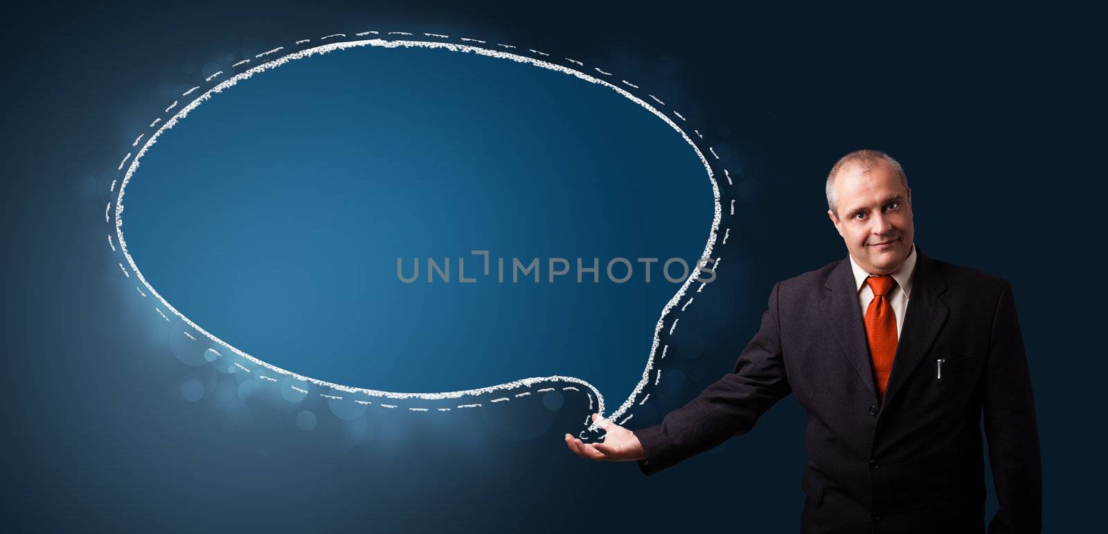 funny businessman in suit presenting speech bubble copy space