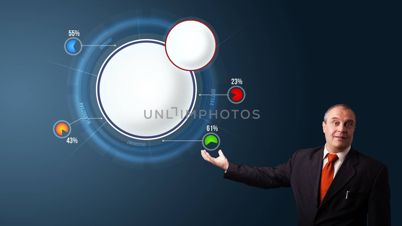 businessman presenting abstract modern pie chart with copy space by ra2studio