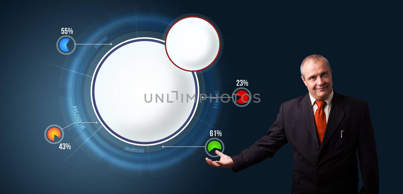 businessman in suit presenting abstract modern pie chart with copy space