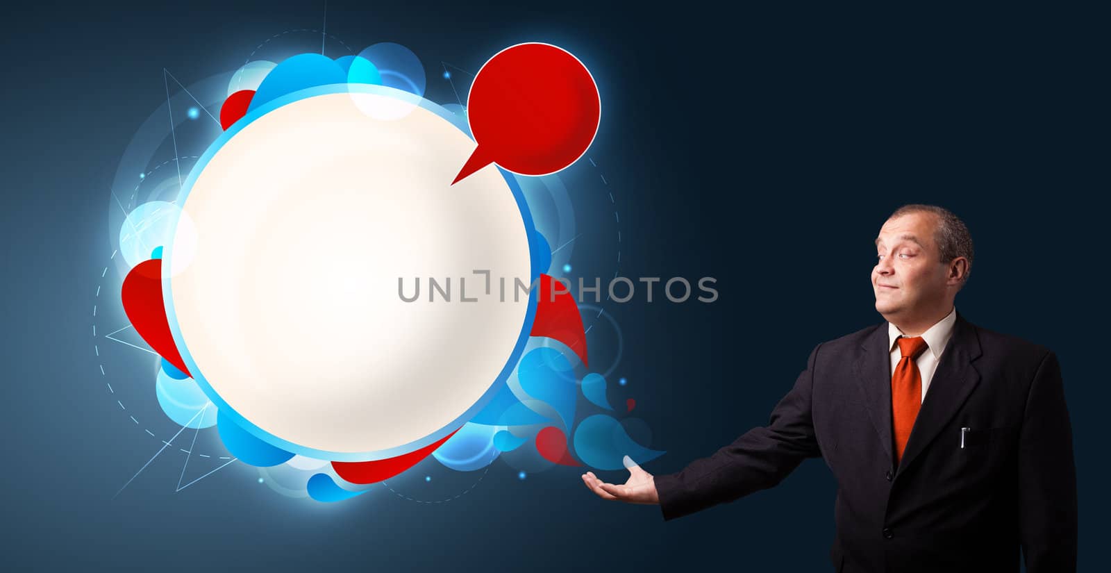 businessman in suit presenting abstract modern copy space