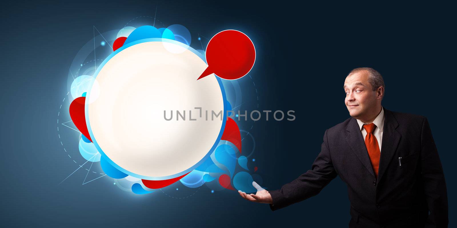 businessman in suit presenting abstract modern copy space