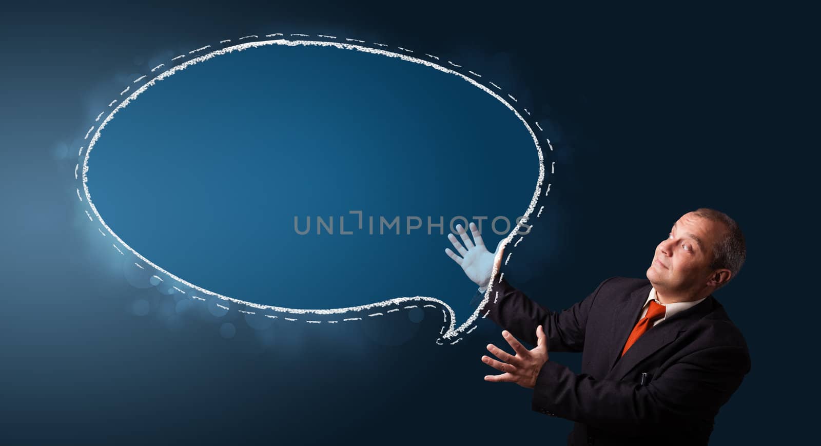 funny businessman in suit presenting speech bubble copy space